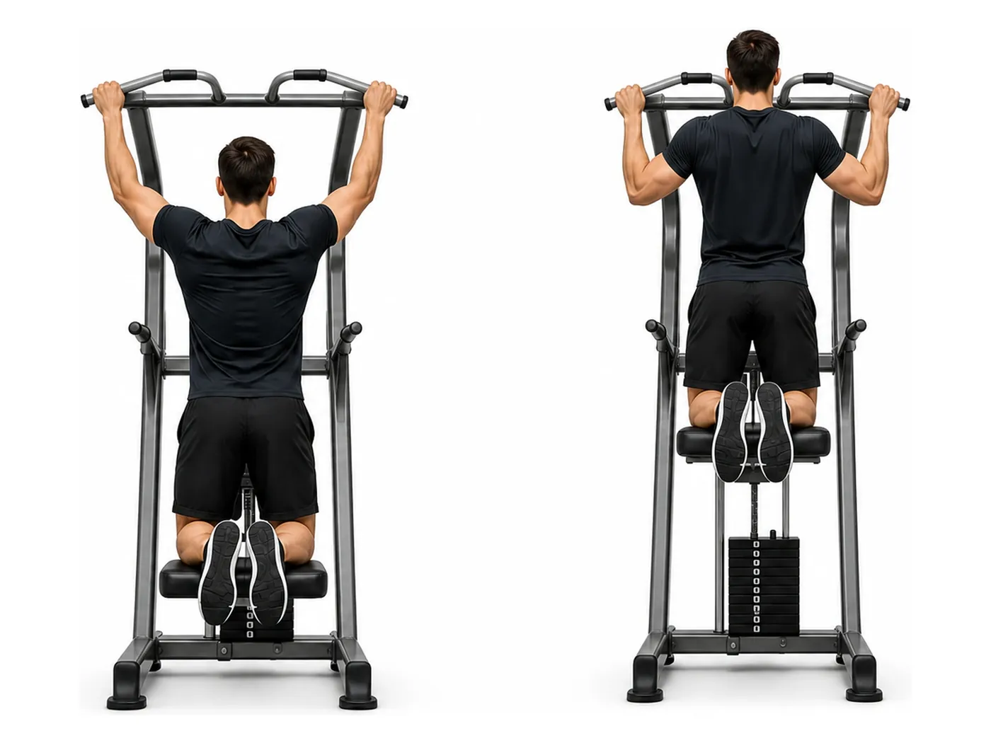 Two-panel demonstration of the assisted pull-up (machine), showing the start and finish positions