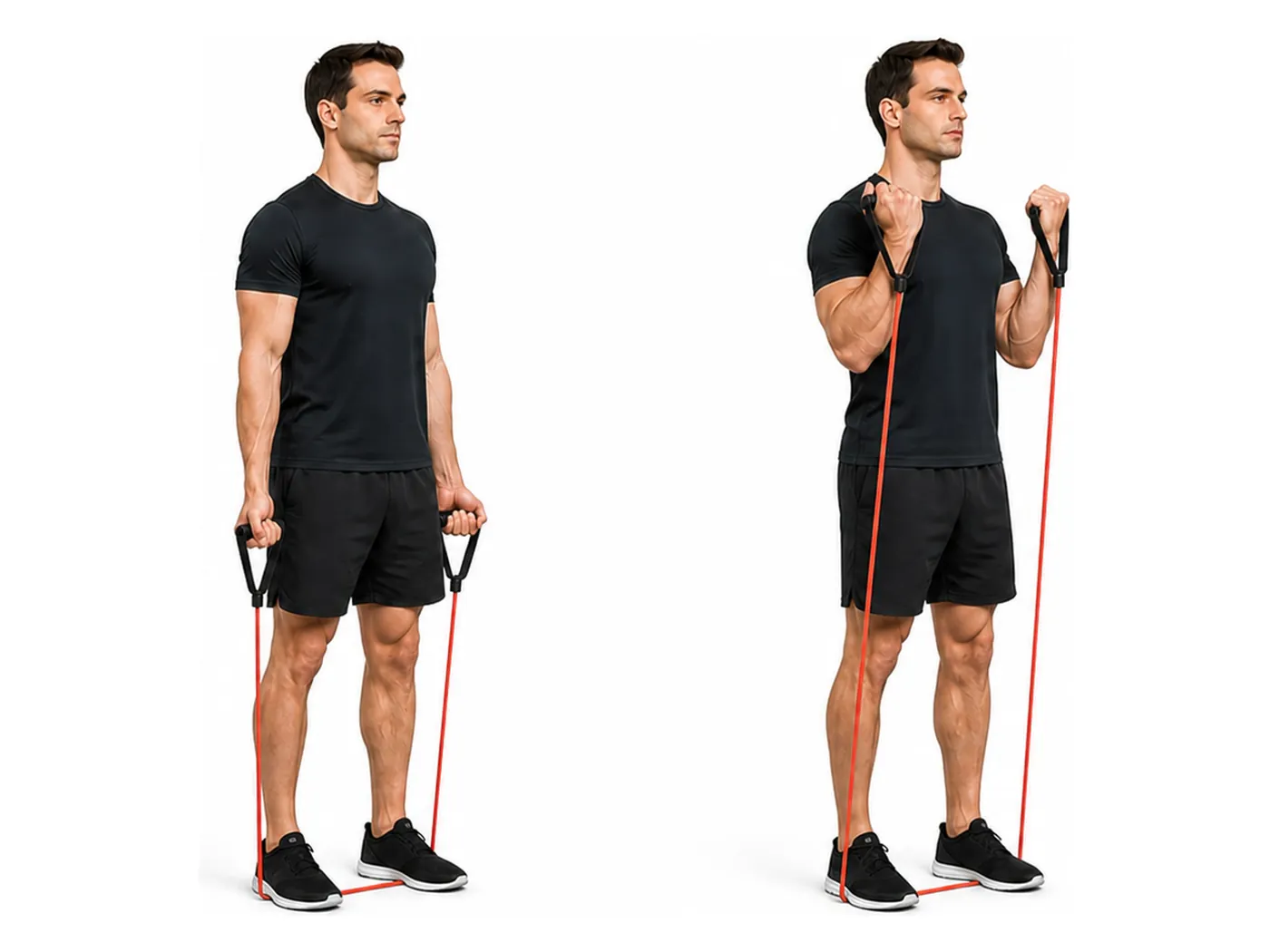 Two-panel demonstration of the band biceps curl, showing the start and finish positions