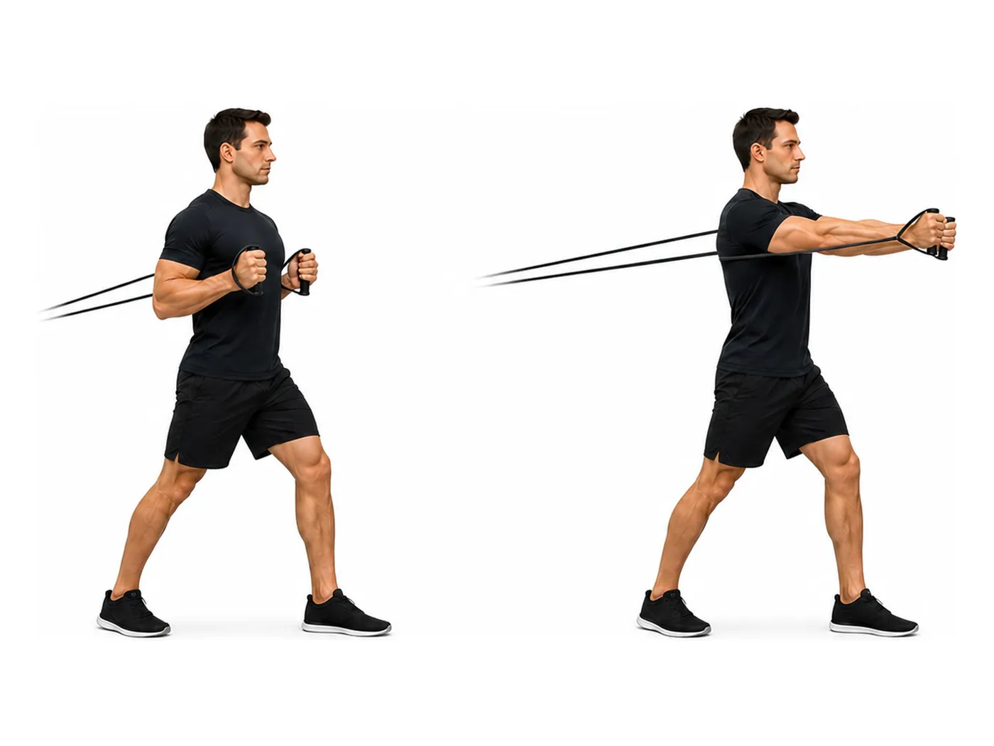 Two-panel demonstration of the band chest press, showing the start and finish positions
