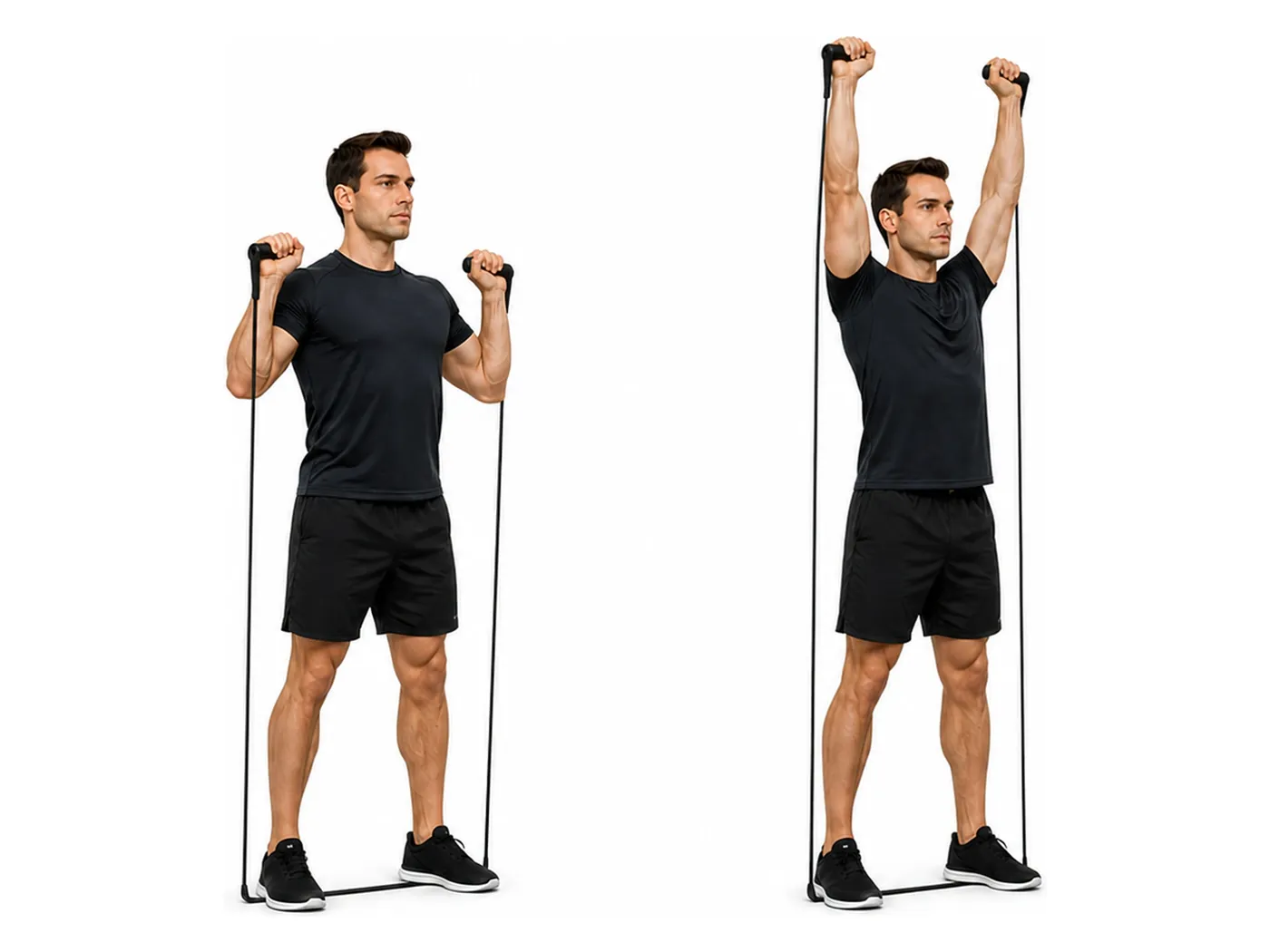 Two-panel demonstration of the band overhead press, showing the start and finish positions