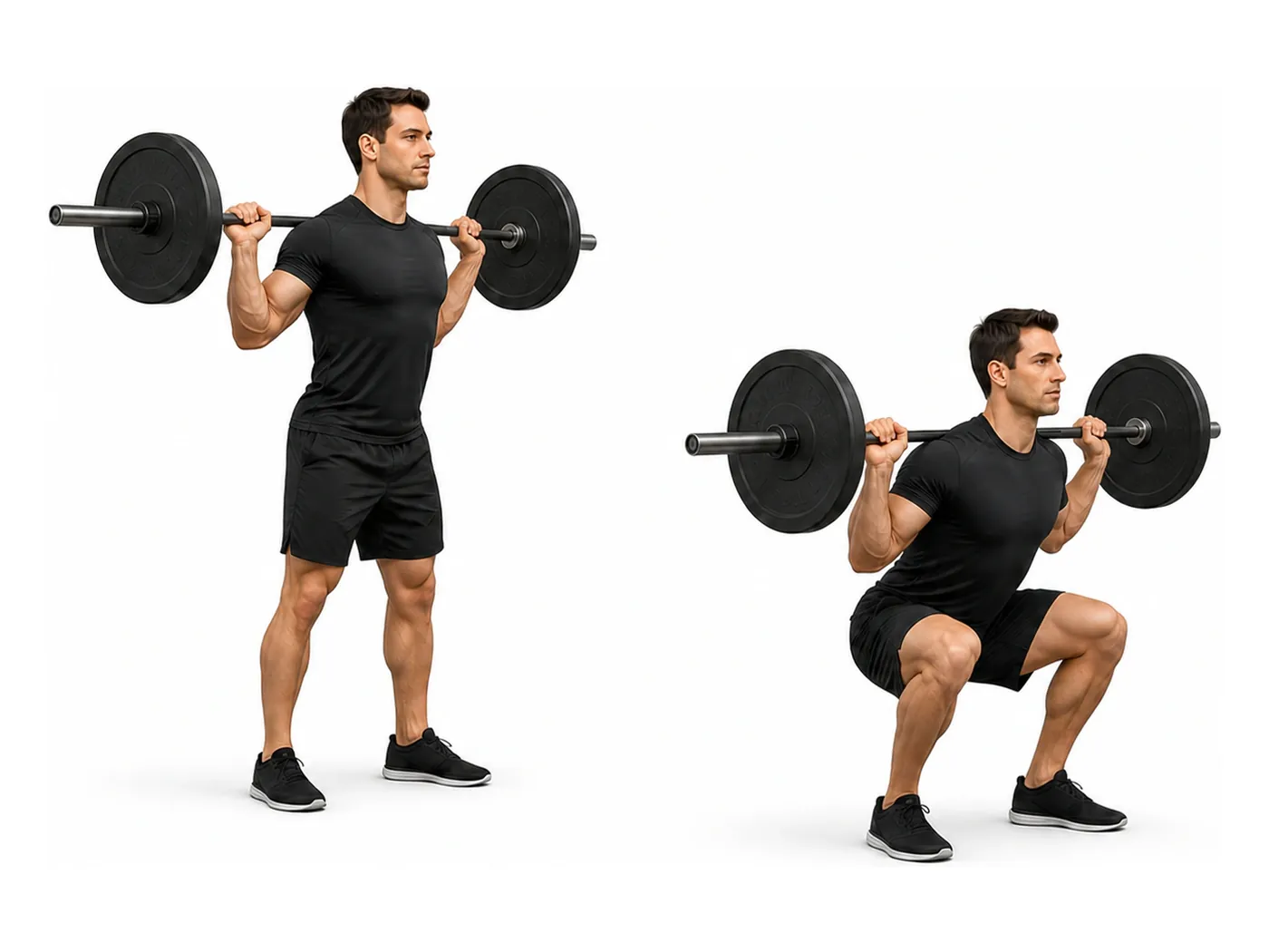 Two-panel demonstration of the barbell back squat, showing the start and finish positions