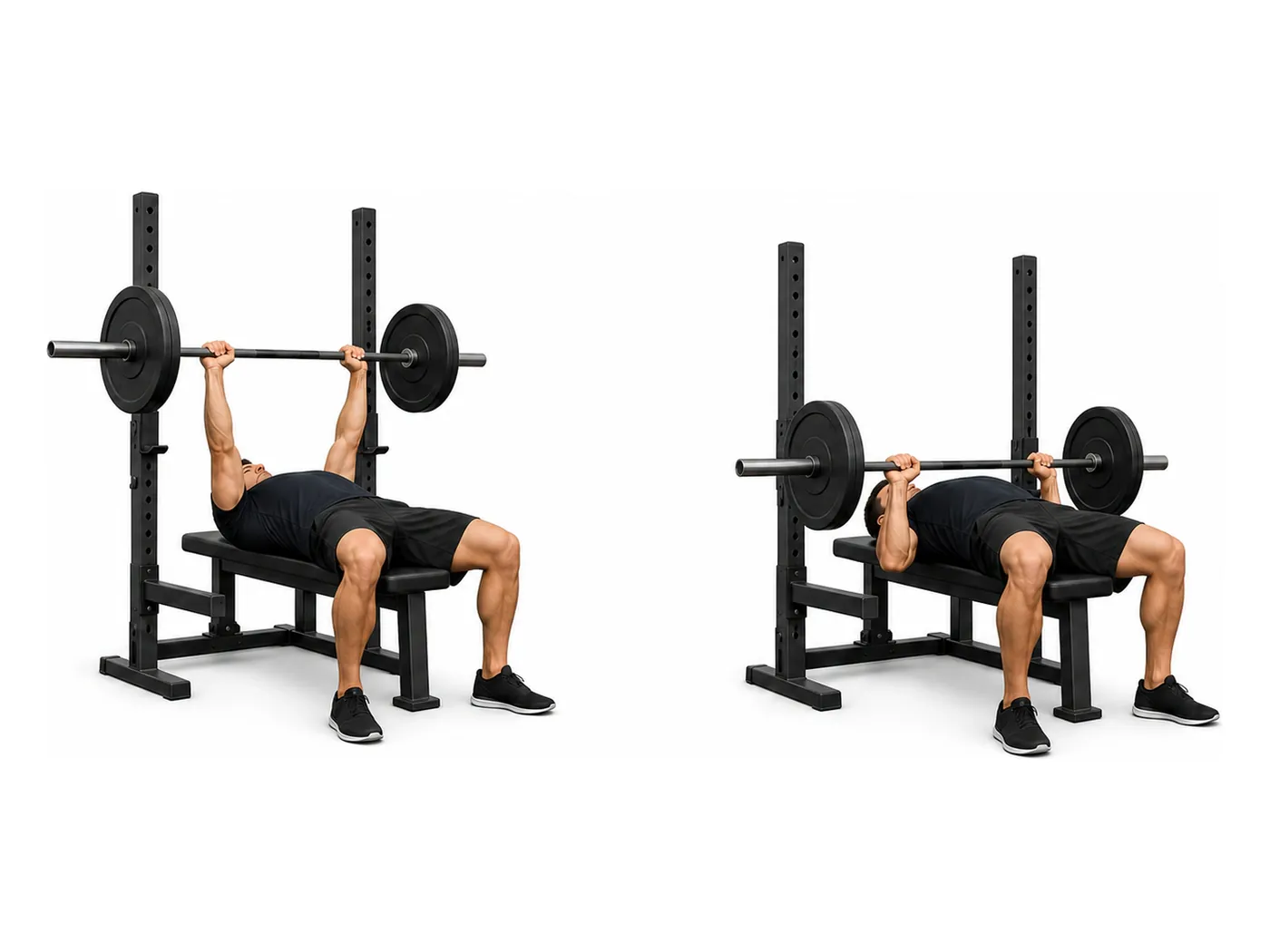 Two-panel demonstration of the barbell bench press, showing the start and finish positions