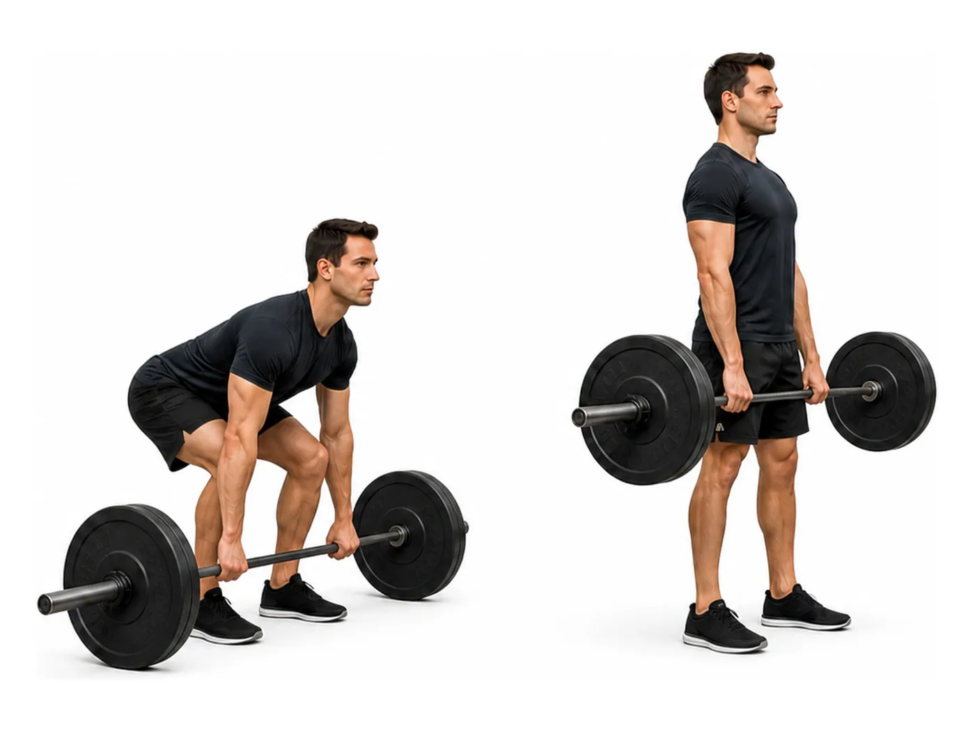 Two-panel demonstration of the barbell deadlift, showing the start and finish positions