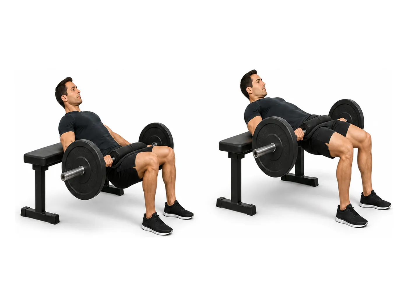 Two-panel demonstration of the barbell hip thrust, showing the start and finish positions