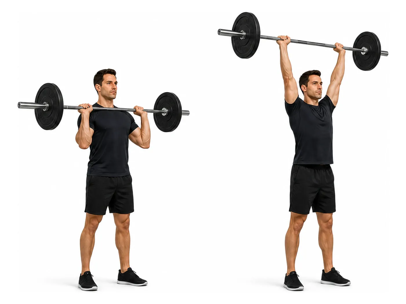 Two-panel demonstration of the barbell overhead press, showing the start and finish positions