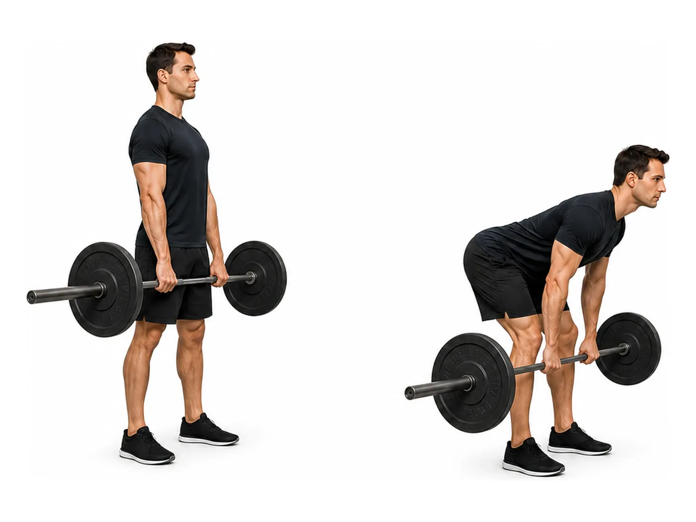 Two-panel demonstration of the barbell romanian deadlift, showing the start and finish positions