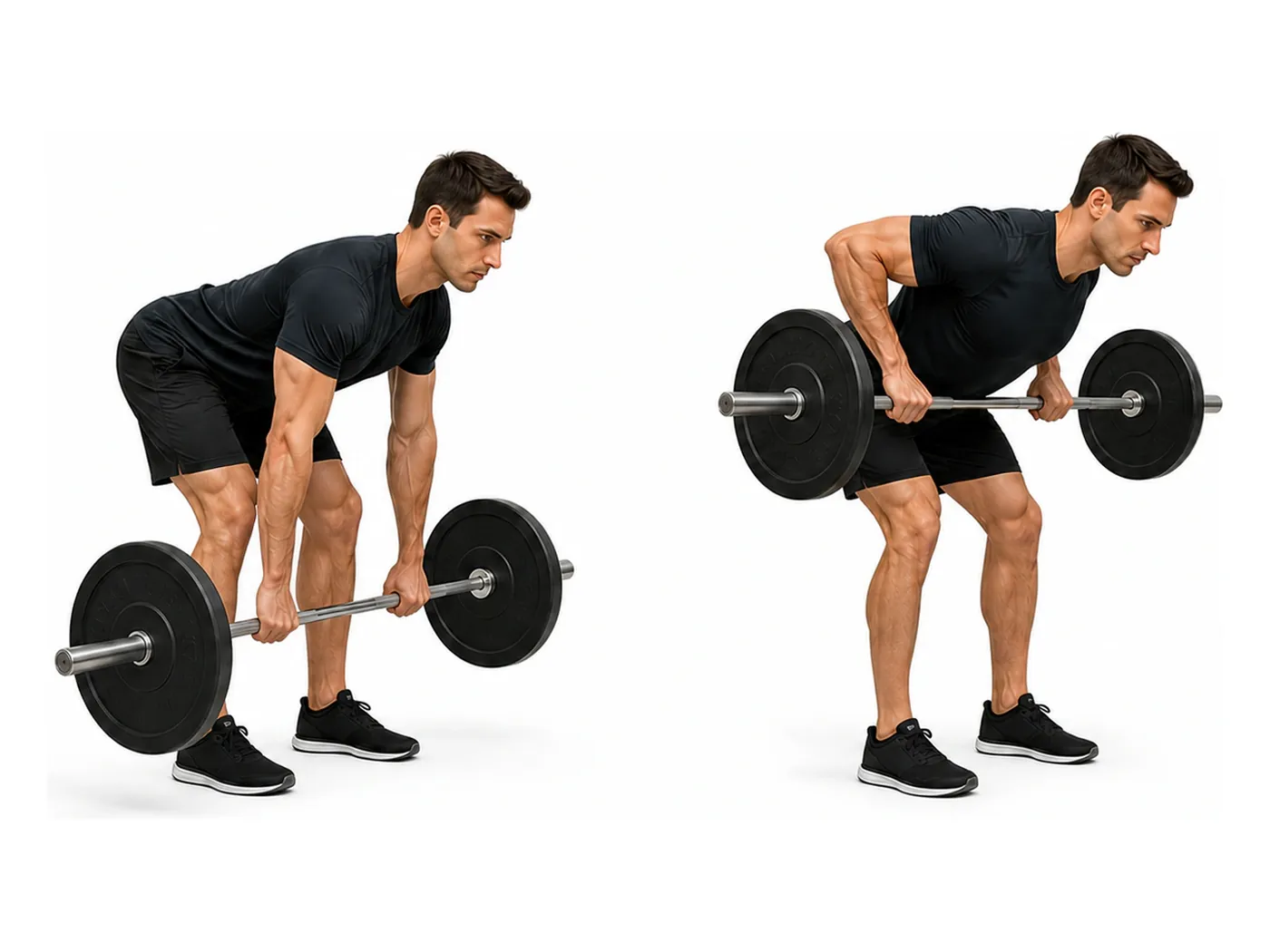 Two-panel demonstration of the barbell row, showing the start and finish positions