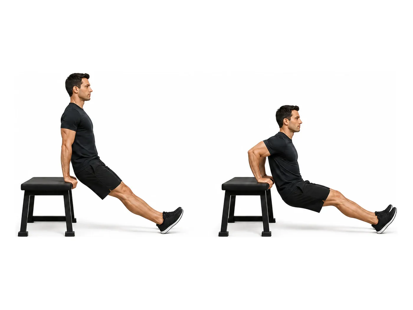 Two-panel demonstration of the bench dip, showing the start and finish positions