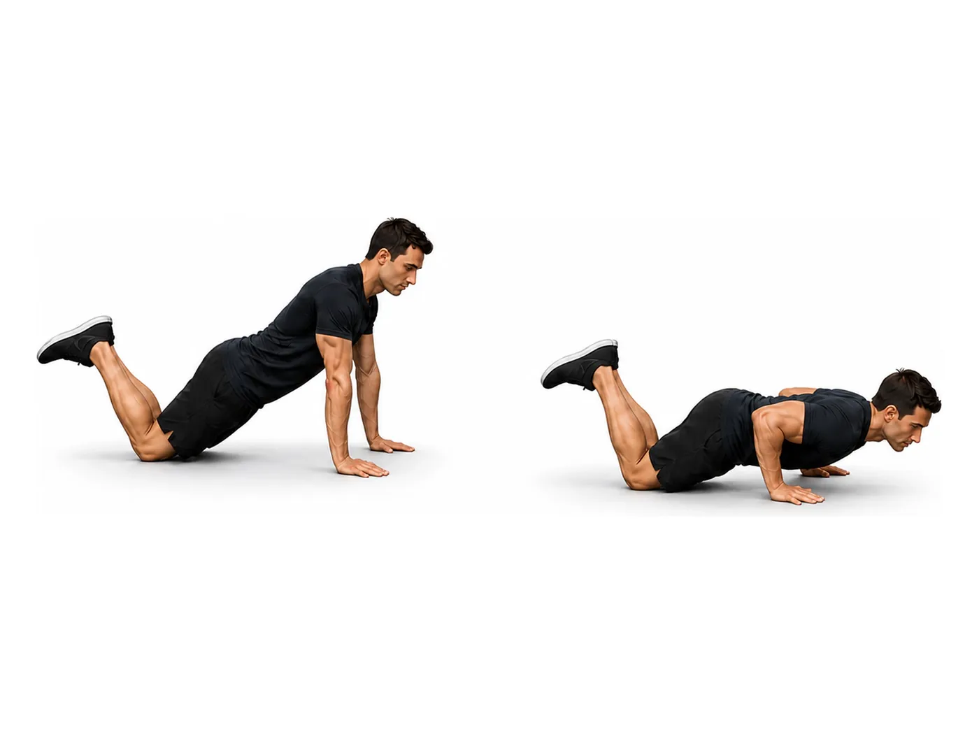 Two-panel demonstration of the bent-knee push-up, showing the start and finish positions