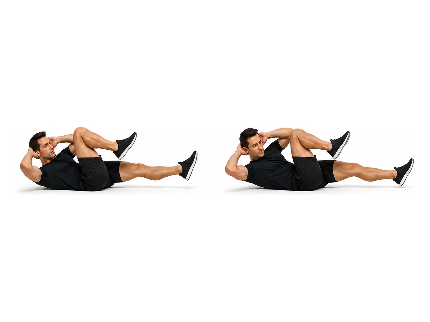 Two-panel demonstration of the bicycle crunch, showing the start and finish positions