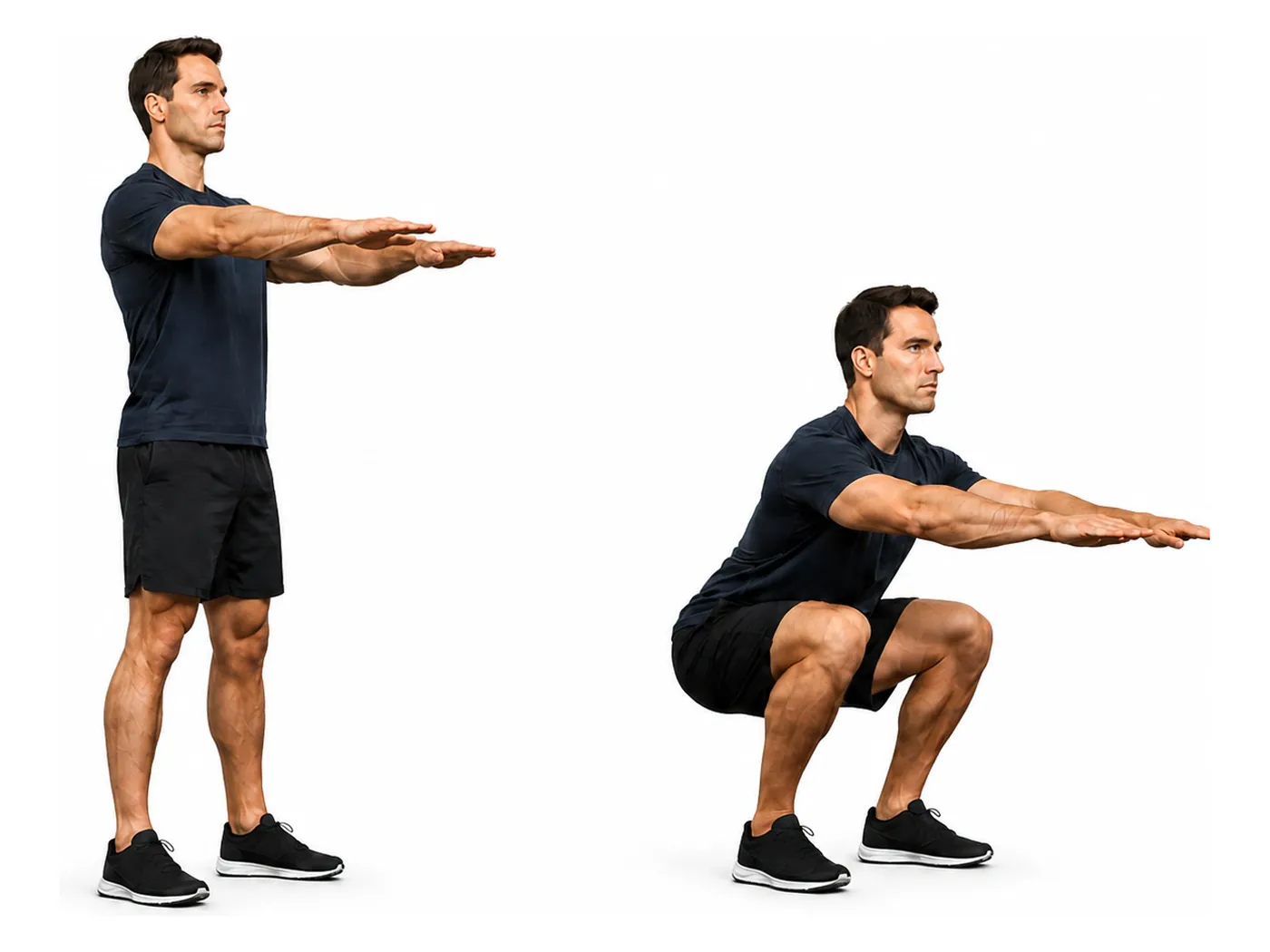 Two-panel demonstration of the bodyweight squat, showing the start and finish positions