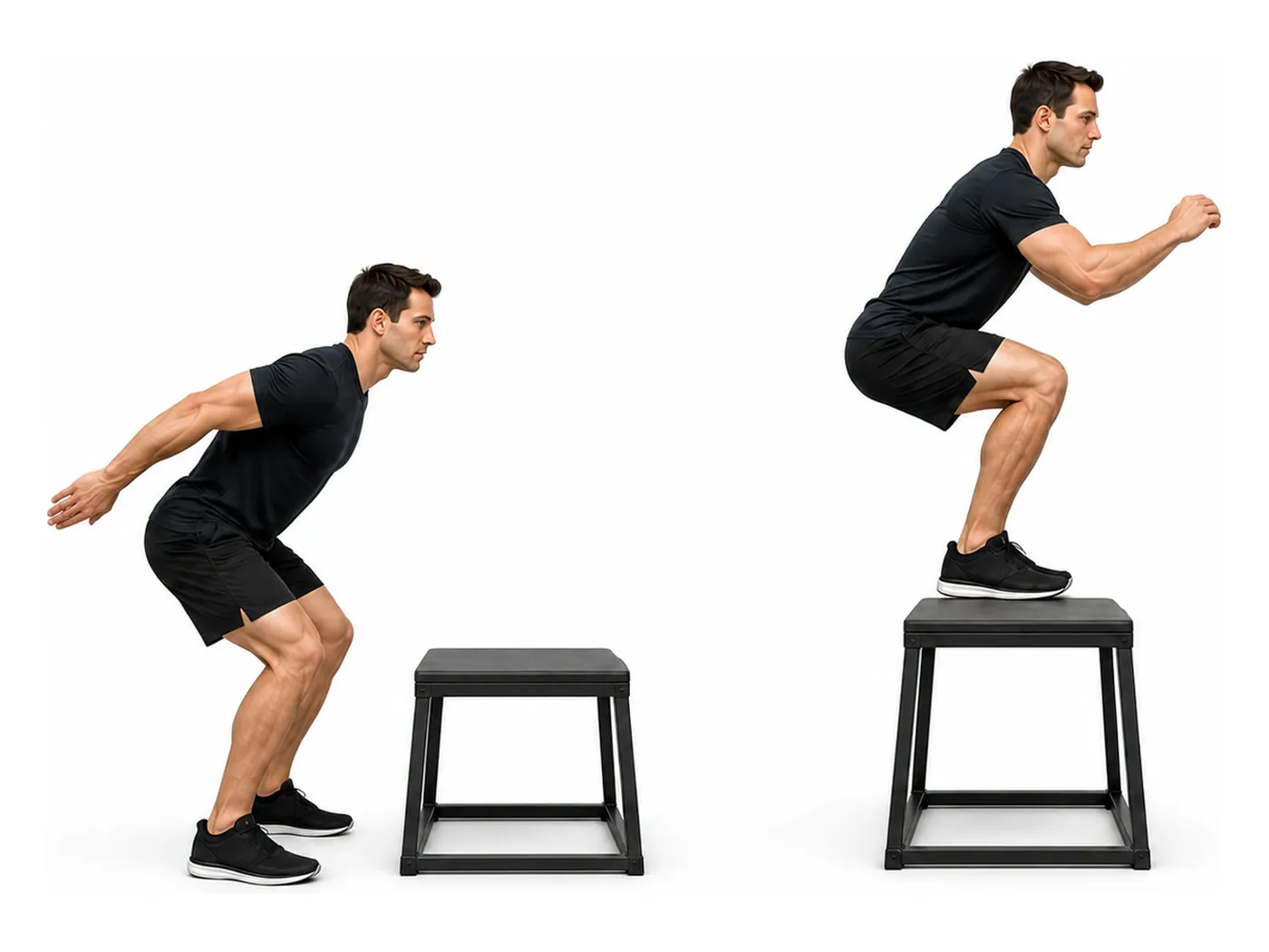 Two-panel demonstration of the box jump, showing the start and finish positions
