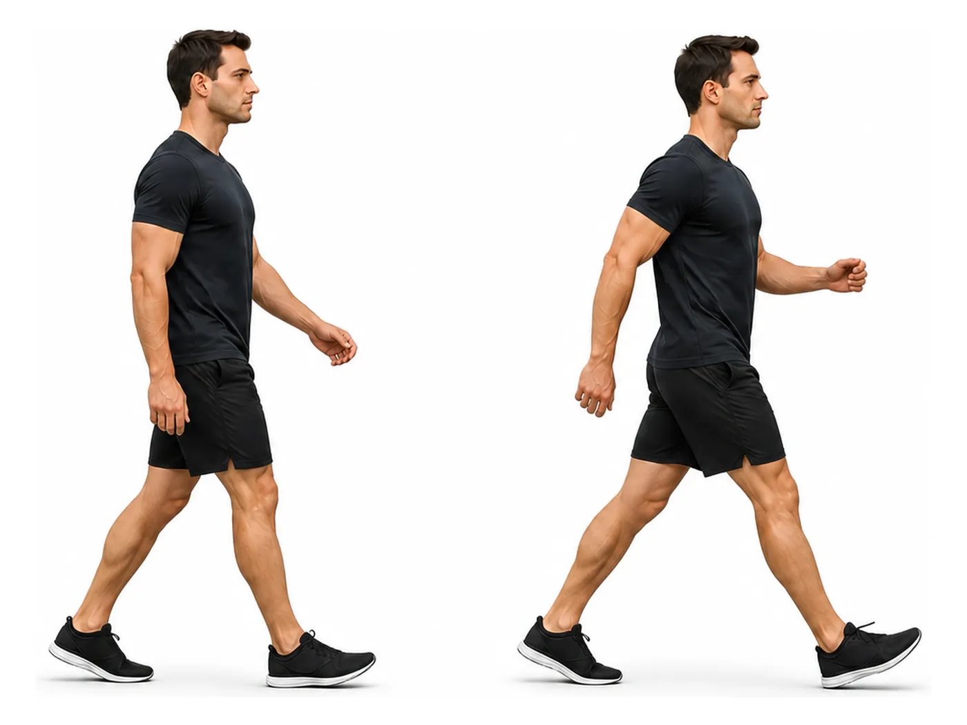 Two-panel demonstration of the brisk walk, showing the start and finish positions