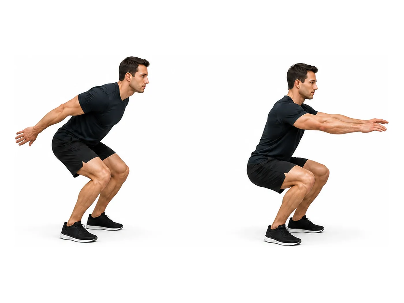 Two-panel demonstration of the broad jump, showing the start and finish positions
