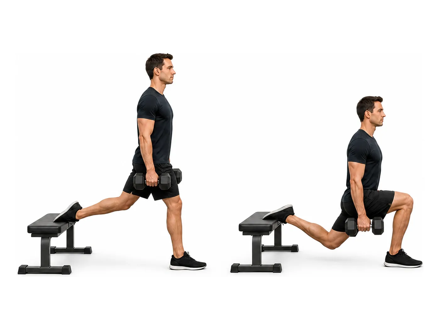 Two-panel demonstration of the bulgarian split squat, showing the start and finish positions