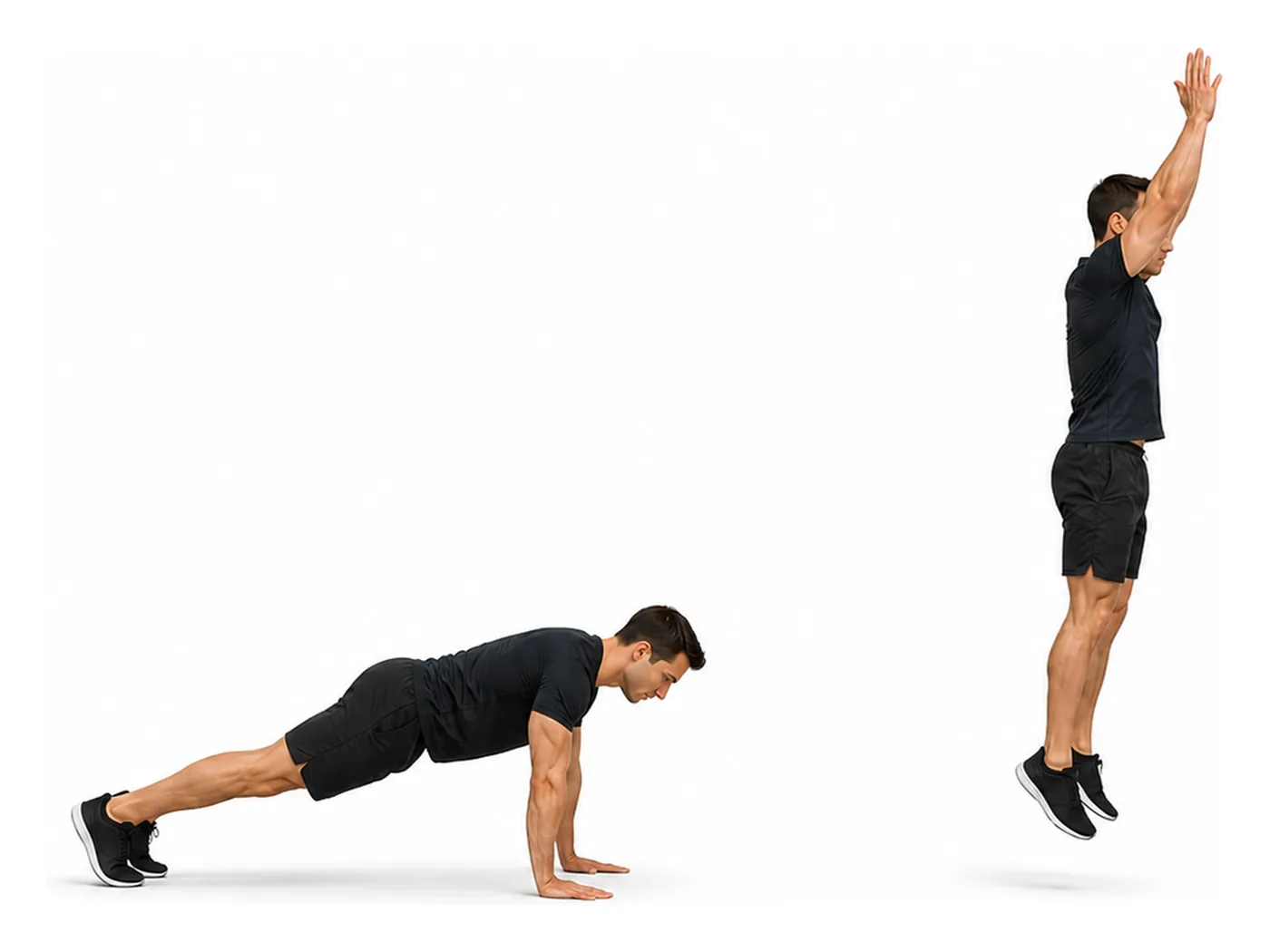 Two-panel demonstration of the burpee, showing the start and finish positions