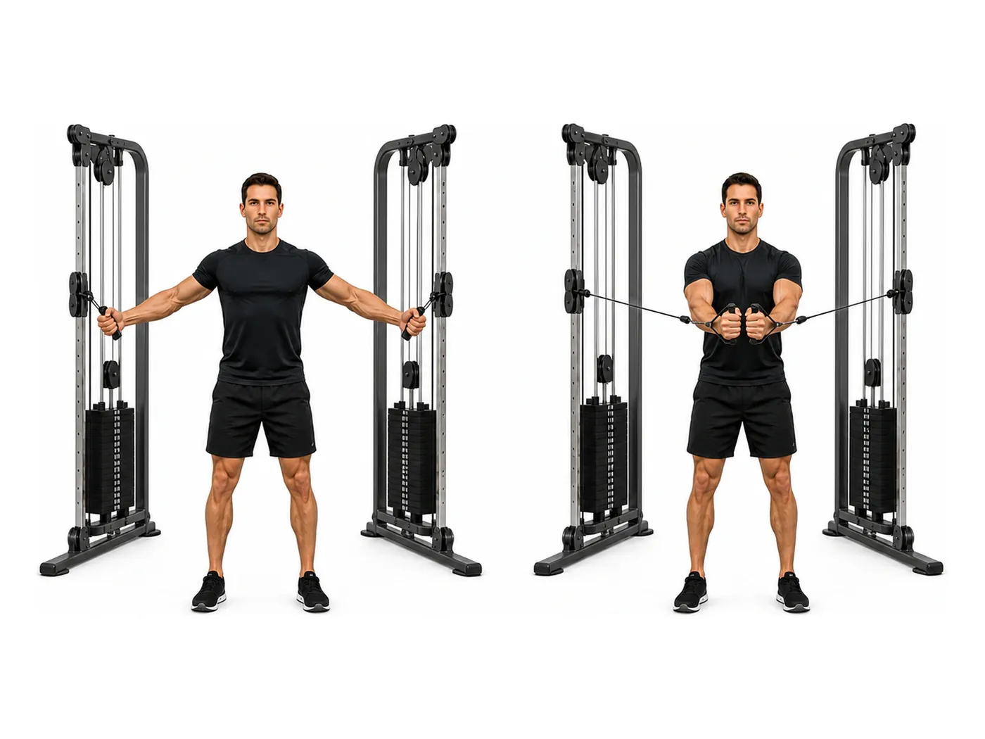 Two-panel demonstration of the cable chest fly, showing the start and finish positions