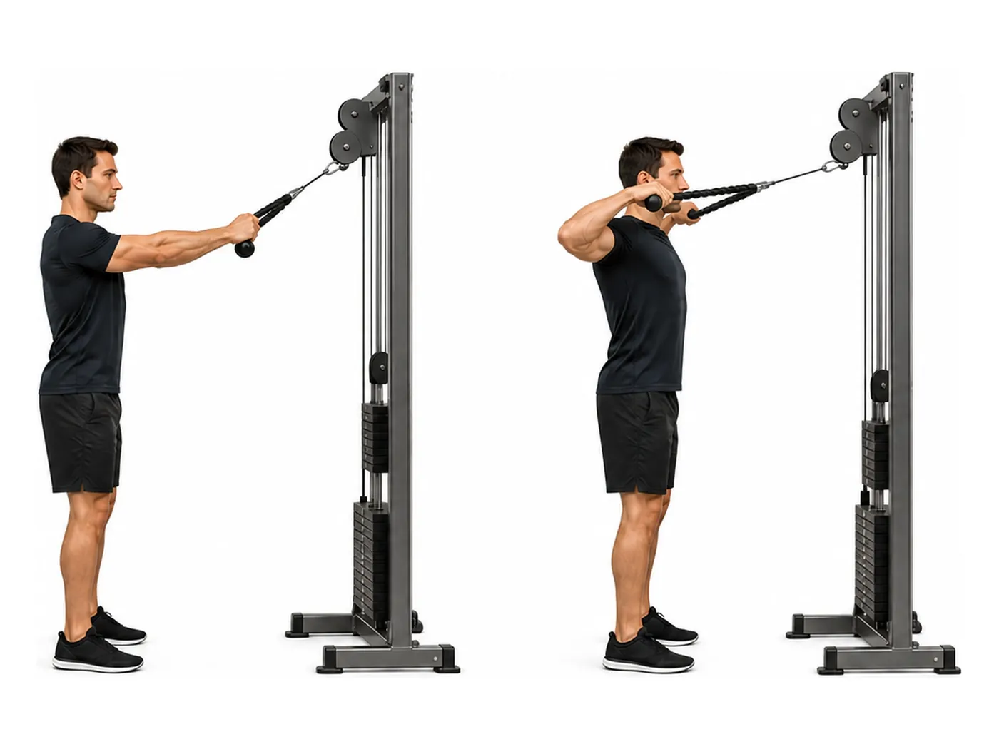 Two-panel demonstration of the cable face pull, showing the start and finish positions