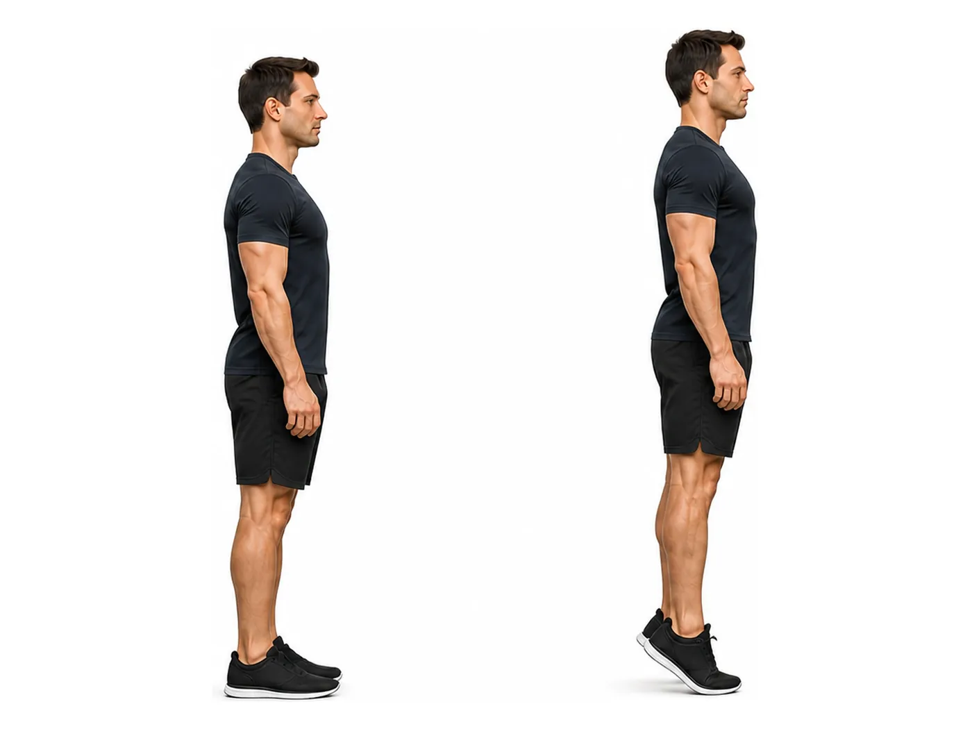 Two-panel demonstration of the calf raise, showing the start and finish positions