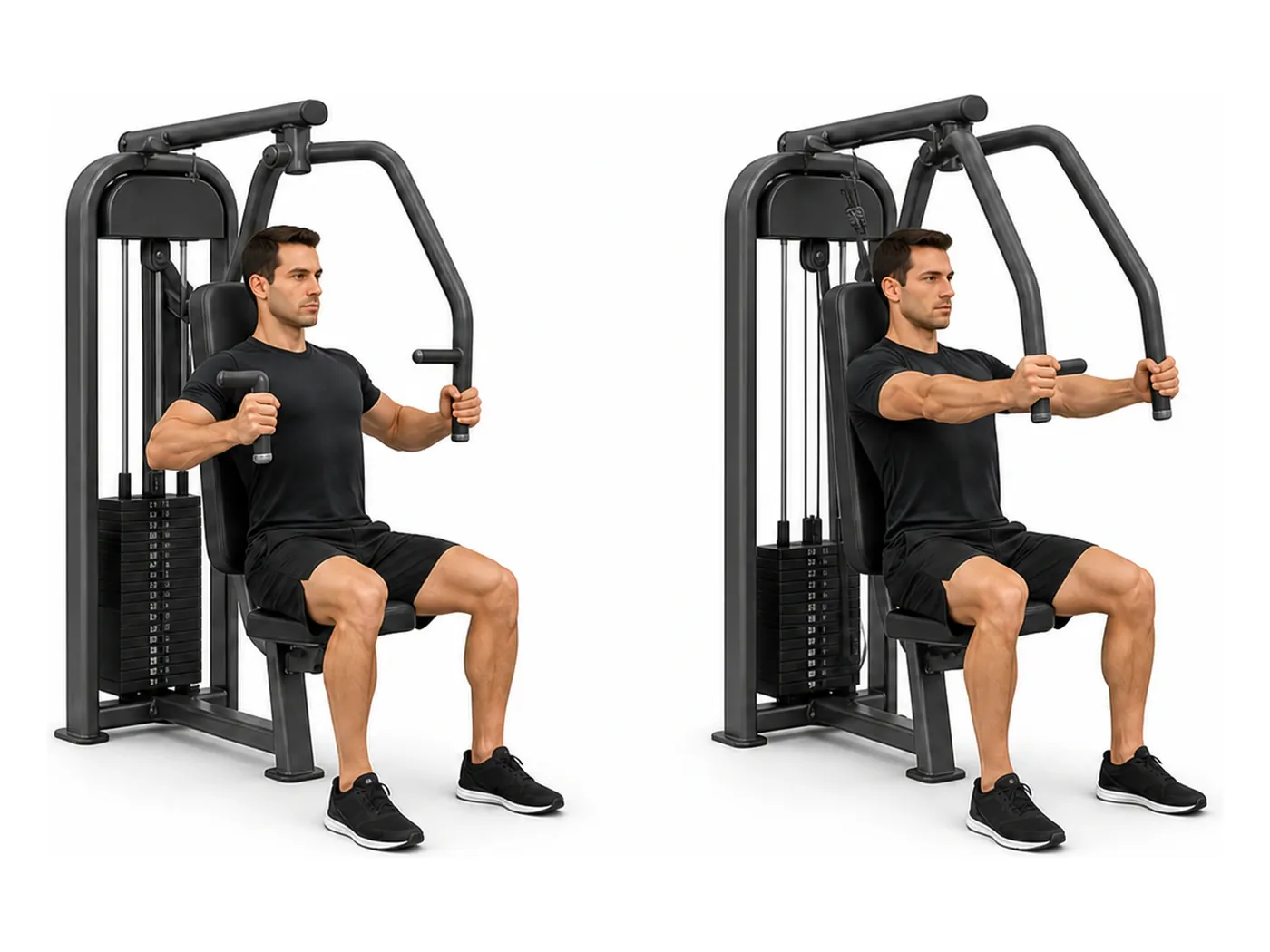 Two-panel demonstration of the chest press machine, showing the start and finish positions
