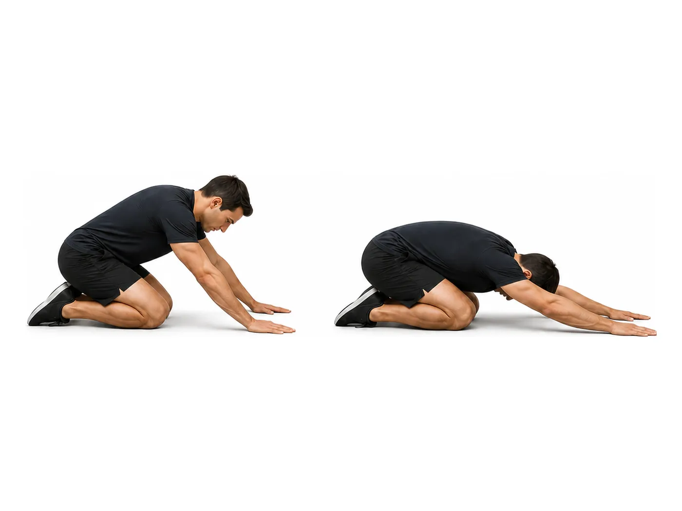 Two-panel demonstration of the child's pose, showing the start and finish positions