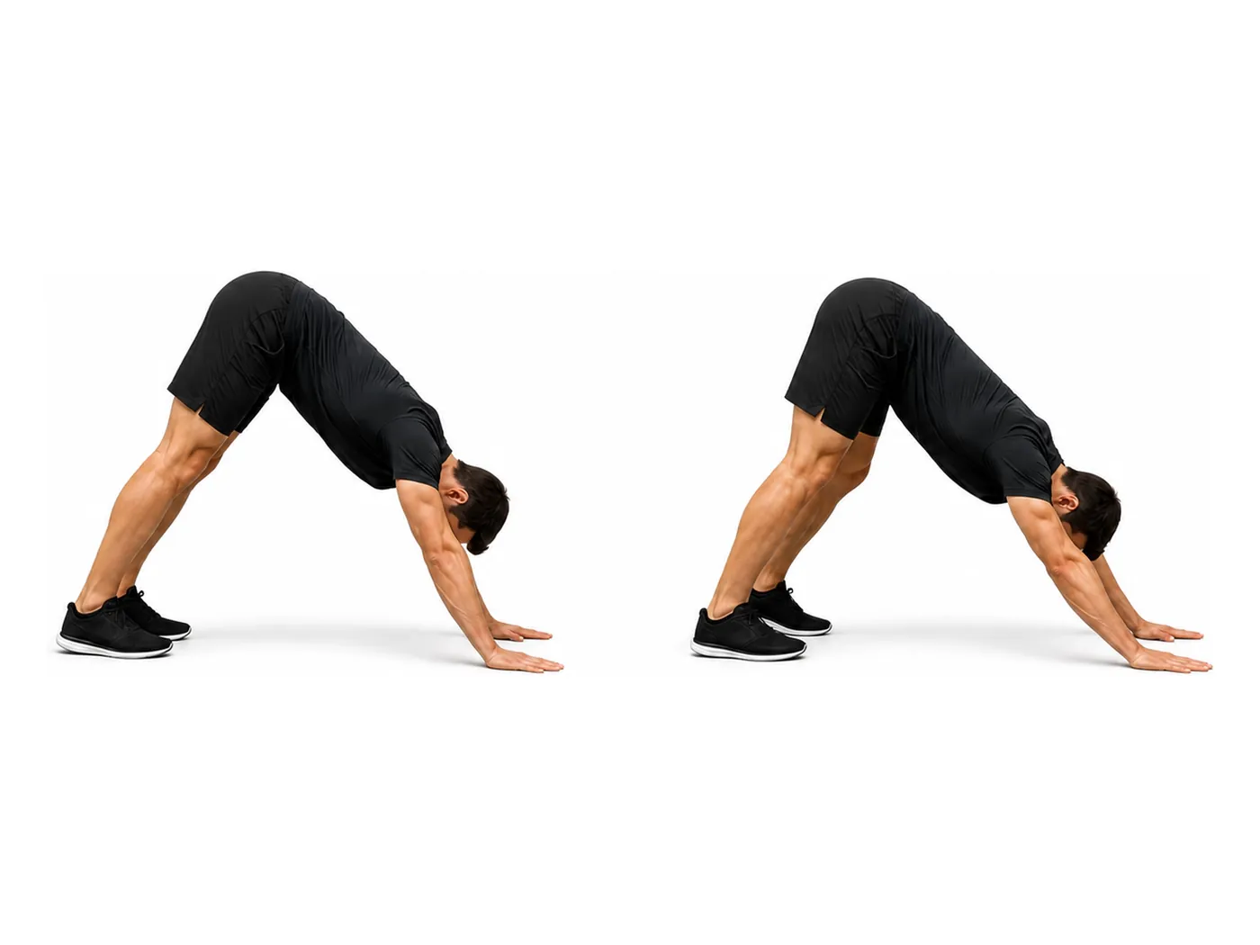 Two-panel demonstration of the downward dog, showing the start and finish positions