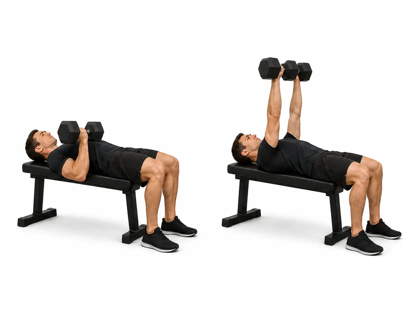Two-panel demonstration of the dumbbell bench press, showing the start and finish positions