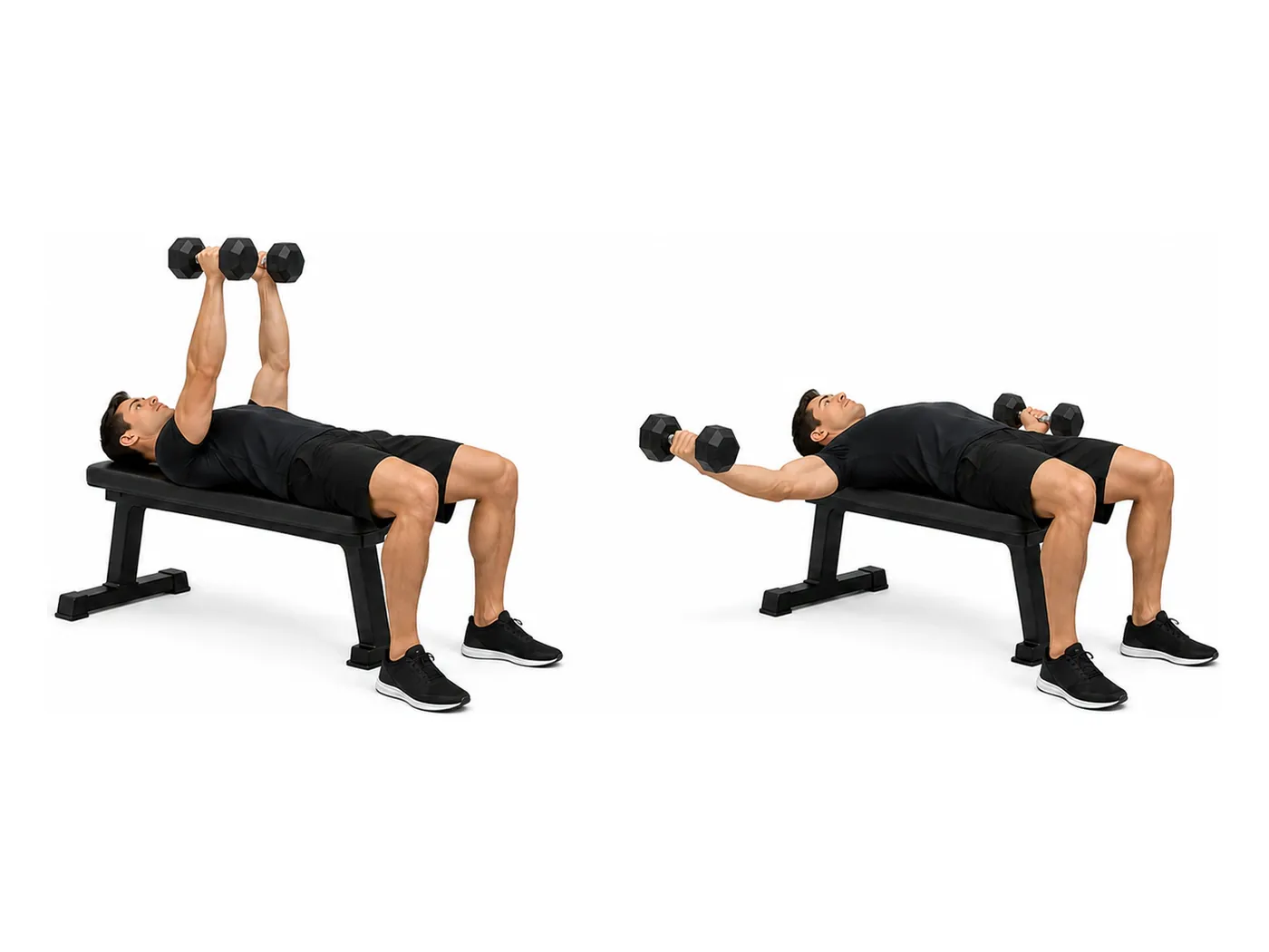 Two-panel demonstration of the dumbbell chest fly, showing the start and finish positions