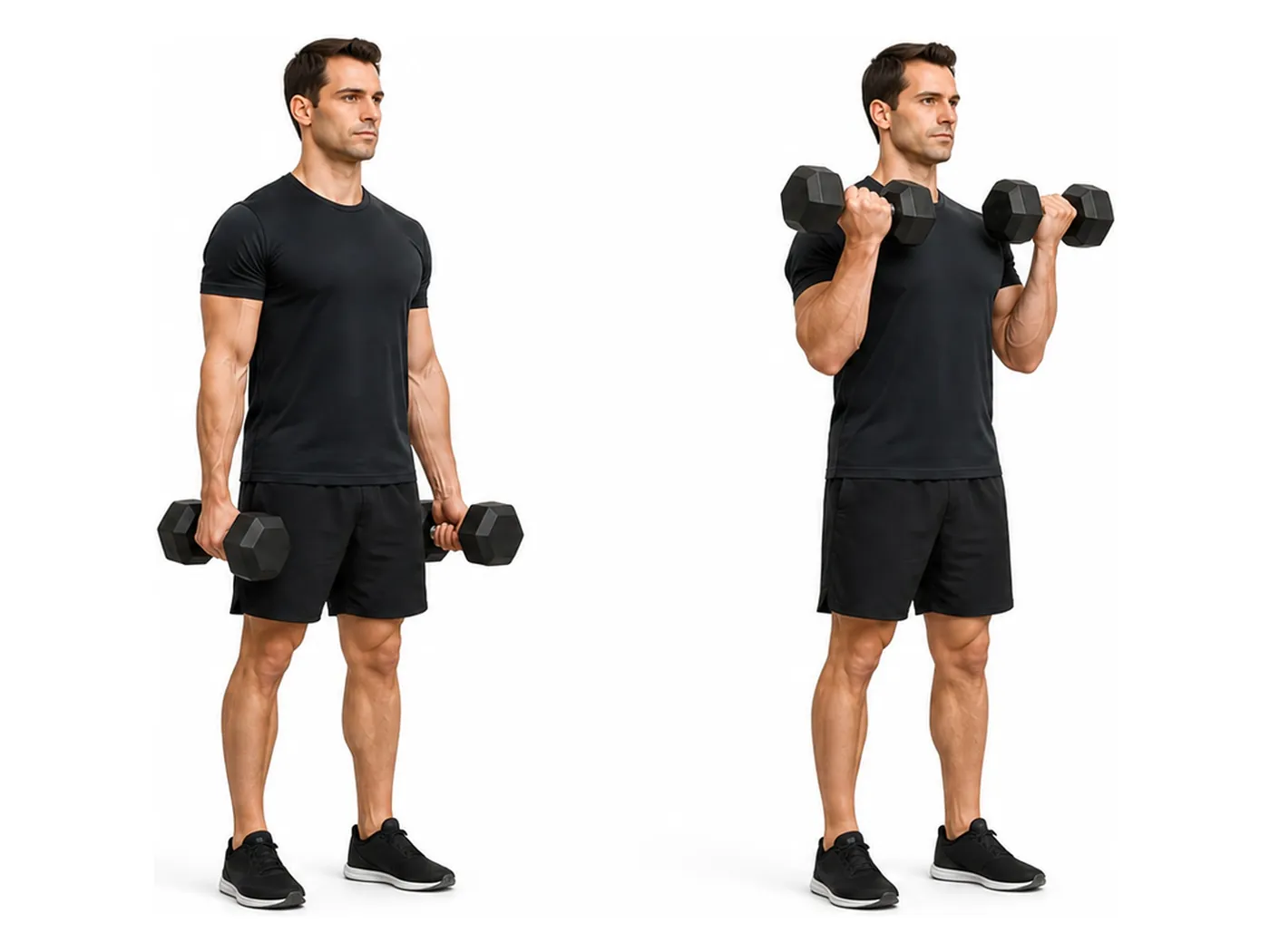 Two-panel demonstration of the dumbbell curl, showing the start and finish positions