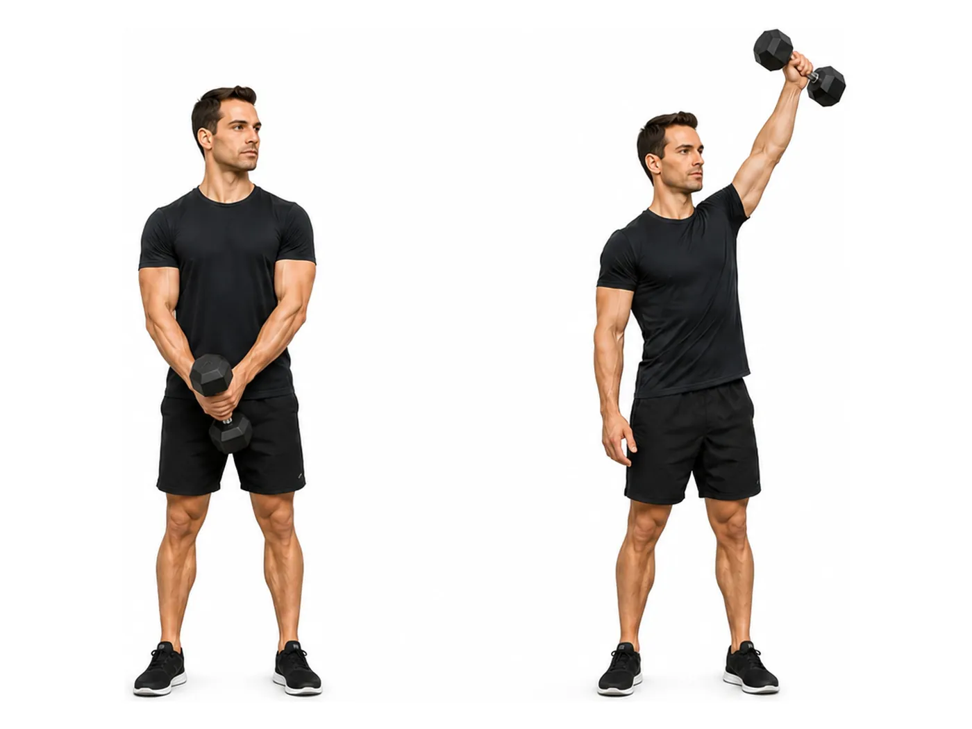 Two-panel demonstration of the dumbbell diagonal raise, showing the start and finish positions