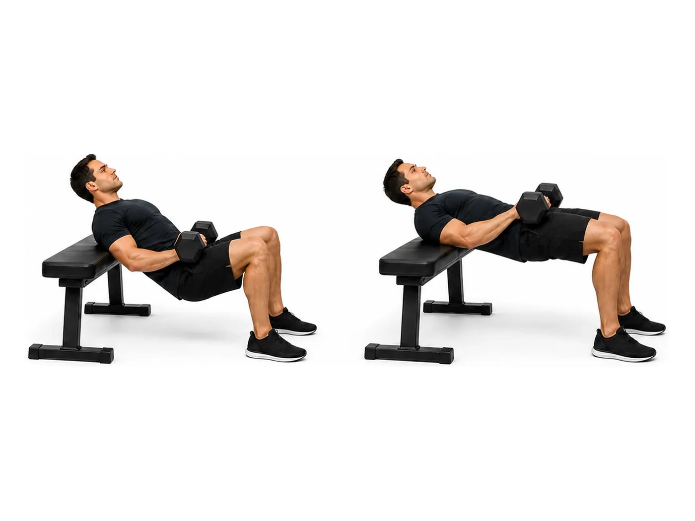 Two-panel demonstration of the dumbbell elevated glute bridge, showing the start and finish positions