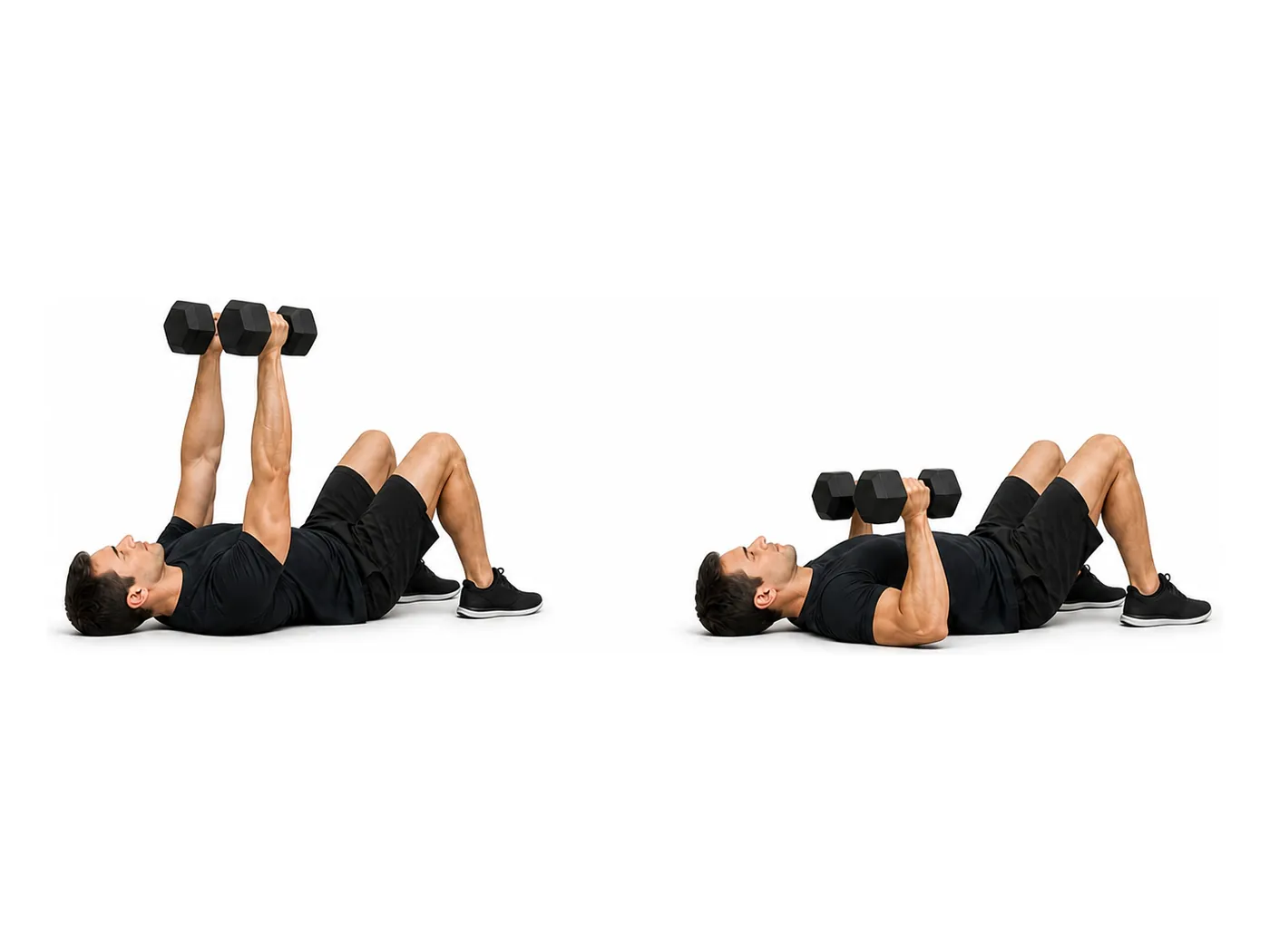 Two-panel demonstration of the dumbbell floor press, showing the start and finish positions