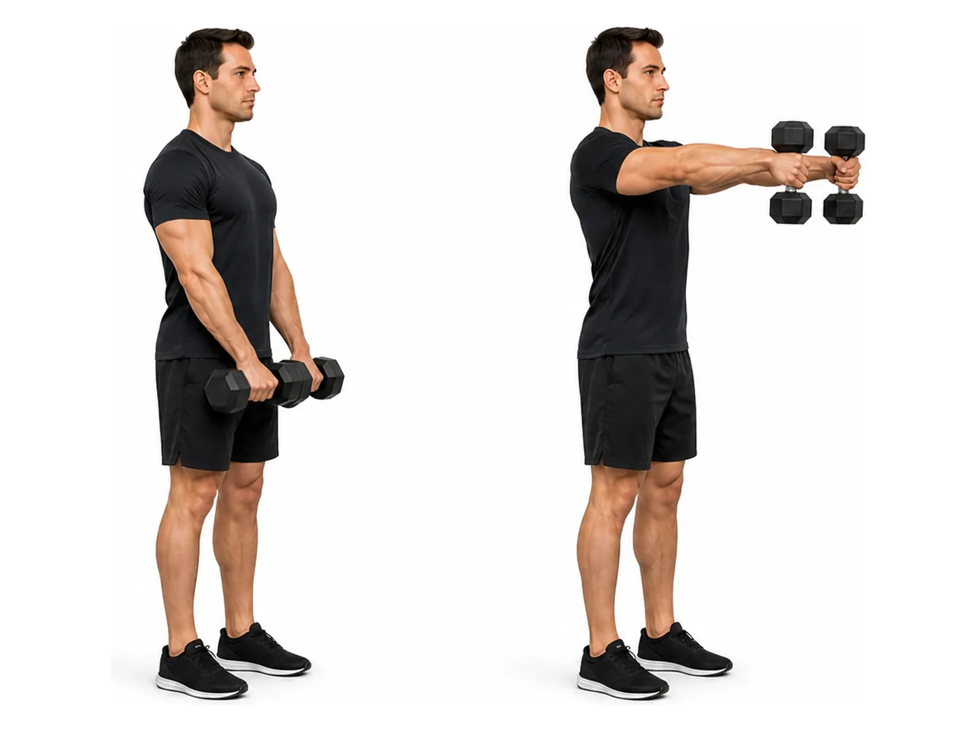 Two-panel demonstration of the dumbbell front raise, showing the start and finish positions