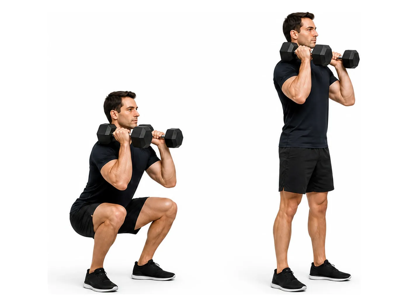 Two-panel demonstration of the dumbbell front squat, showing the start and finish positions