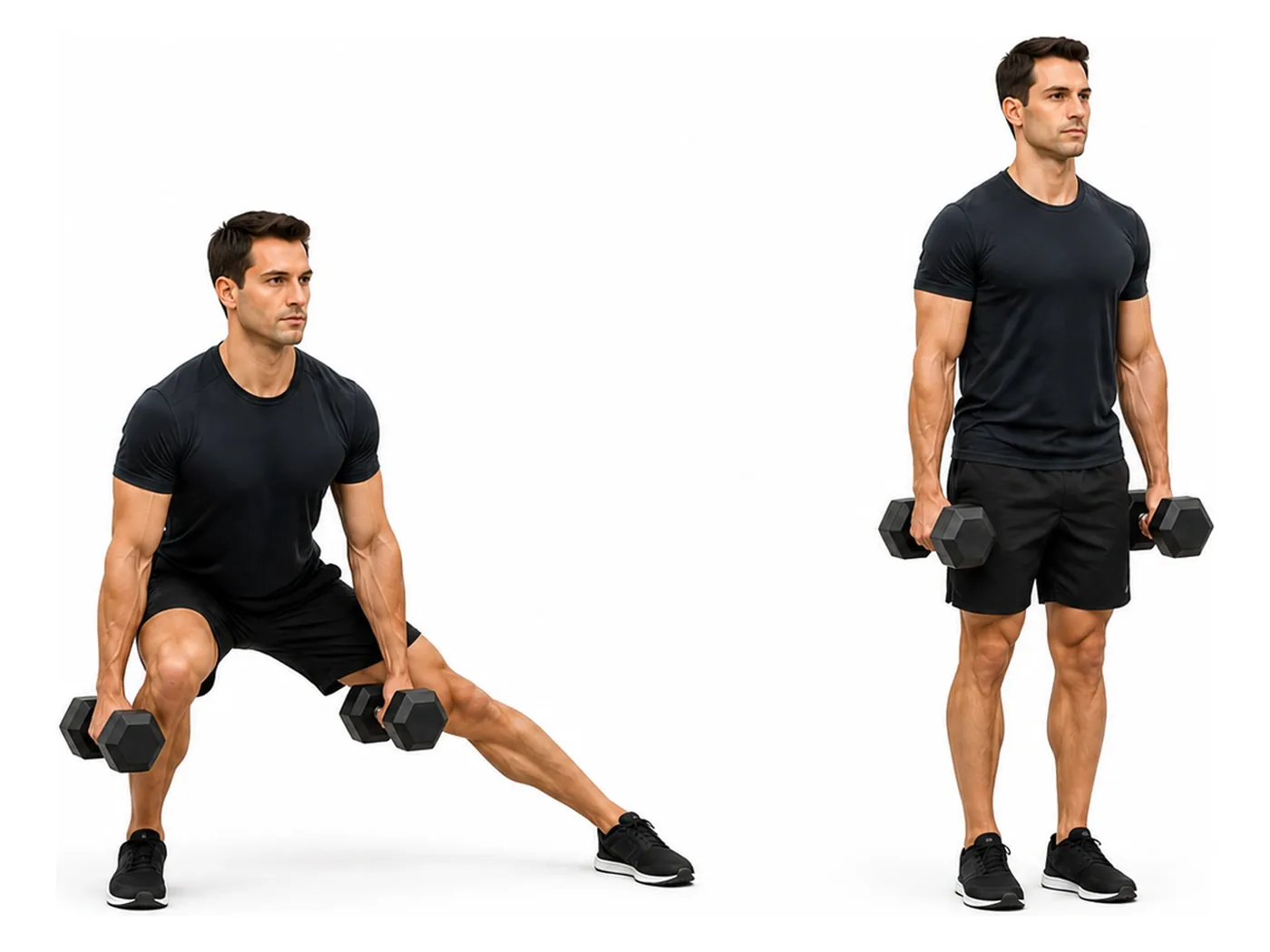 Two-panel demonstration of the dumbbell lateral lunge, showing the start and finish positions