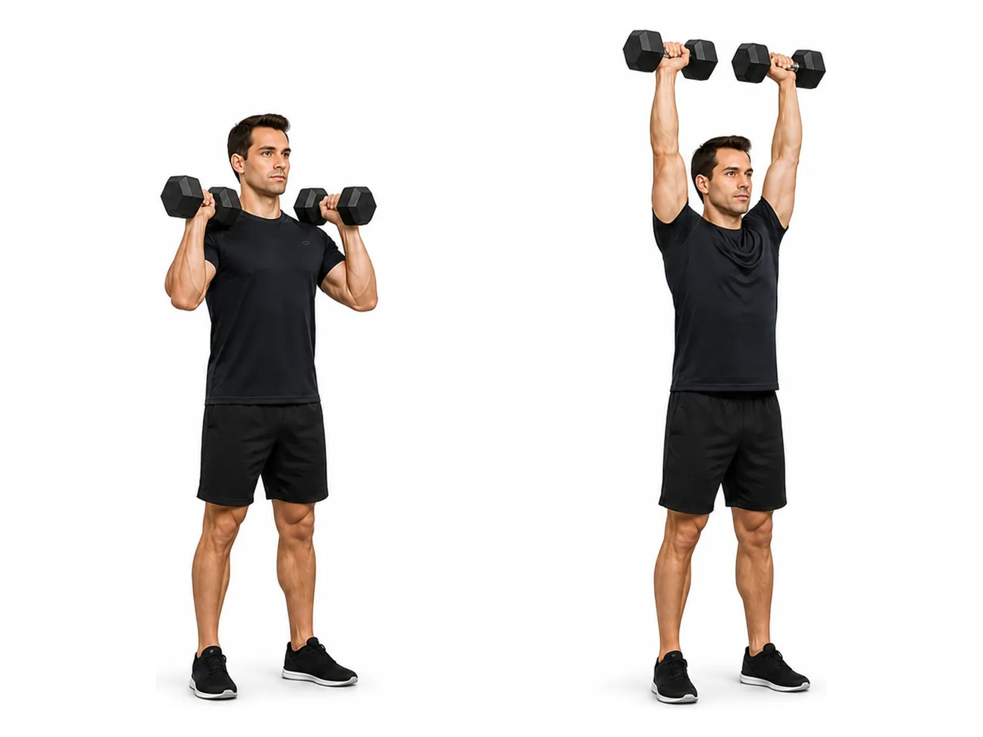 Two-panel demonstration of the dumbbell overhead press, showing the start and finish positions