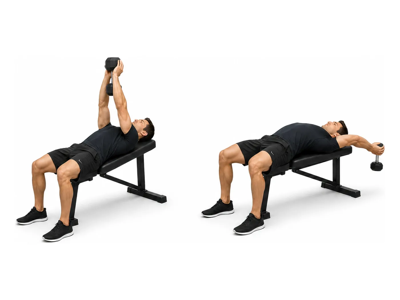 Two-panel demonstration of the dumbbell pullover, showing the start and finish positions