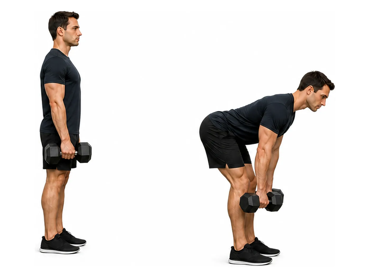 Two-panel demonstration of the dumbbell romanian deadlift, showing the start and finish positions