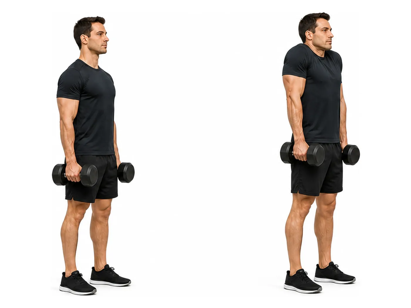 Two-panel demonstration of the dumbbell shrug, showing the start and finish positions