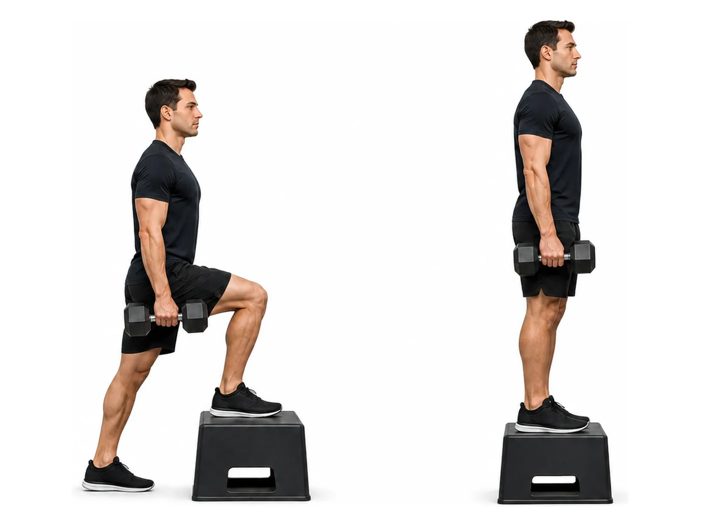 Two-panel demonstration of the dumbbell step-up, showing the start and finish positions