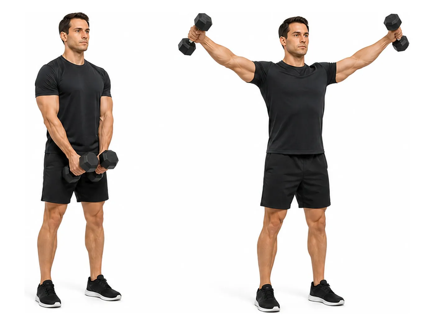 Two-panel demonstration of the dumbbell v-raise, showing the start and finish positions