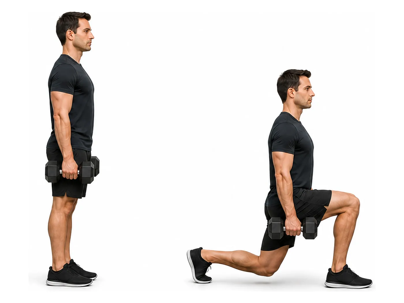 Two-panel demonstration of the dumbbell walking lunge, showing the start and finish positions
