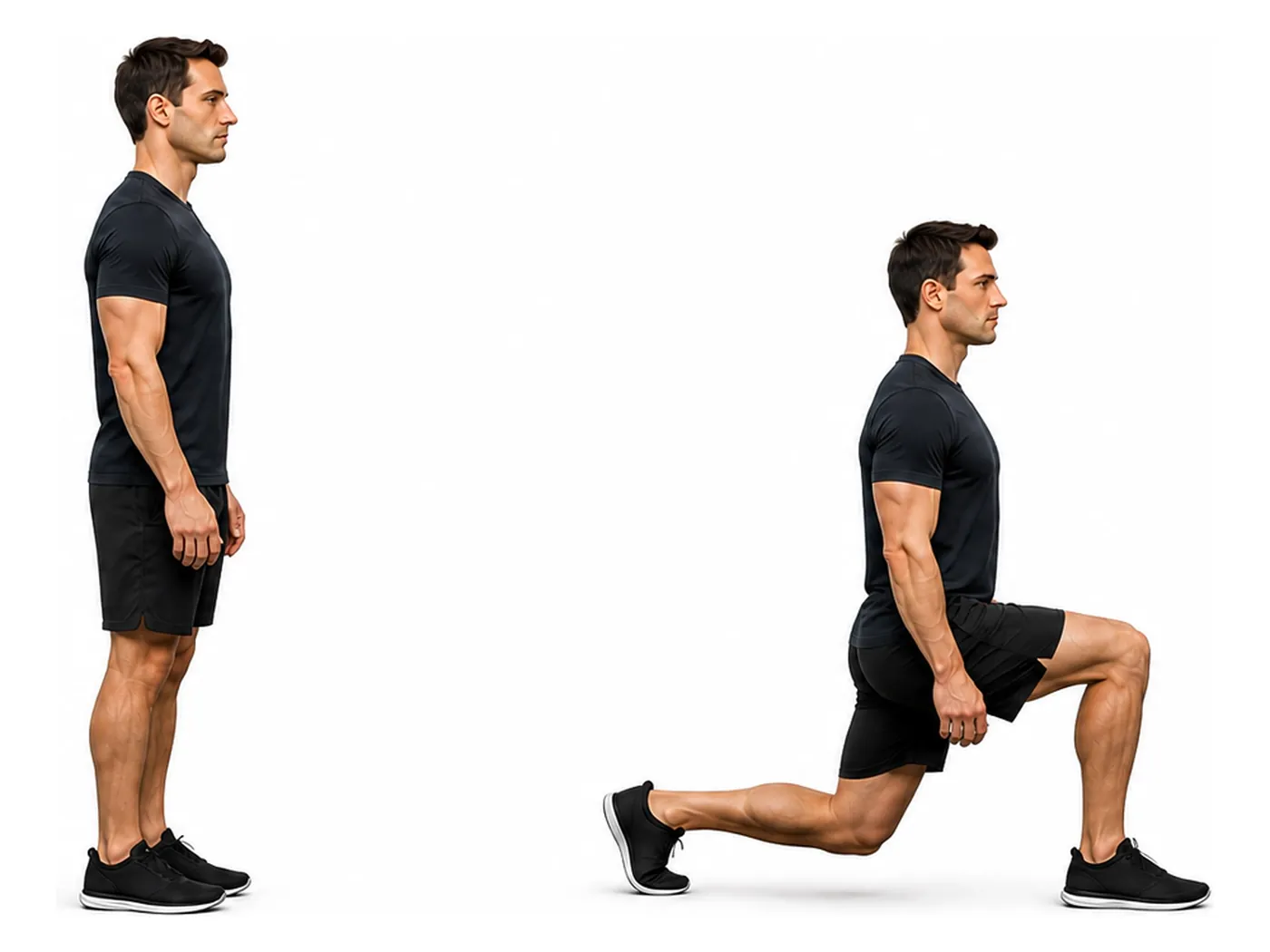 Two-panel demonstration of the forward lunge, showing the start and finish positions