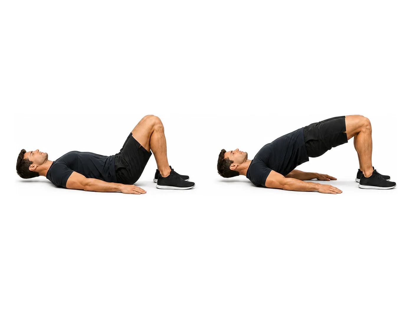 Two-panel demonstration of the glute bridge, showing the start and finish positions