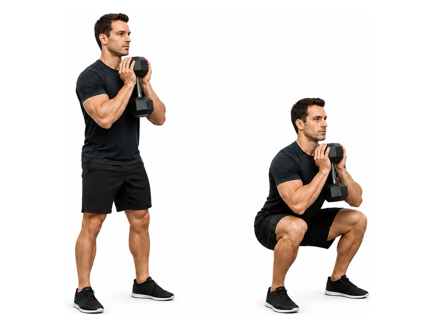 Two-panel demonstration of the goblet squat, showing the start and finish positions