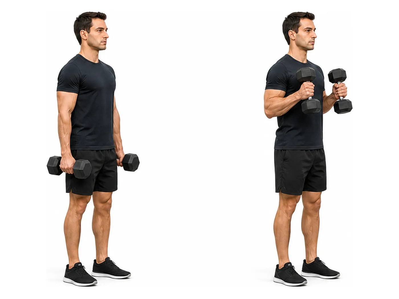 Two-panel demonstration of the hammer curl, showing the start and finish positions