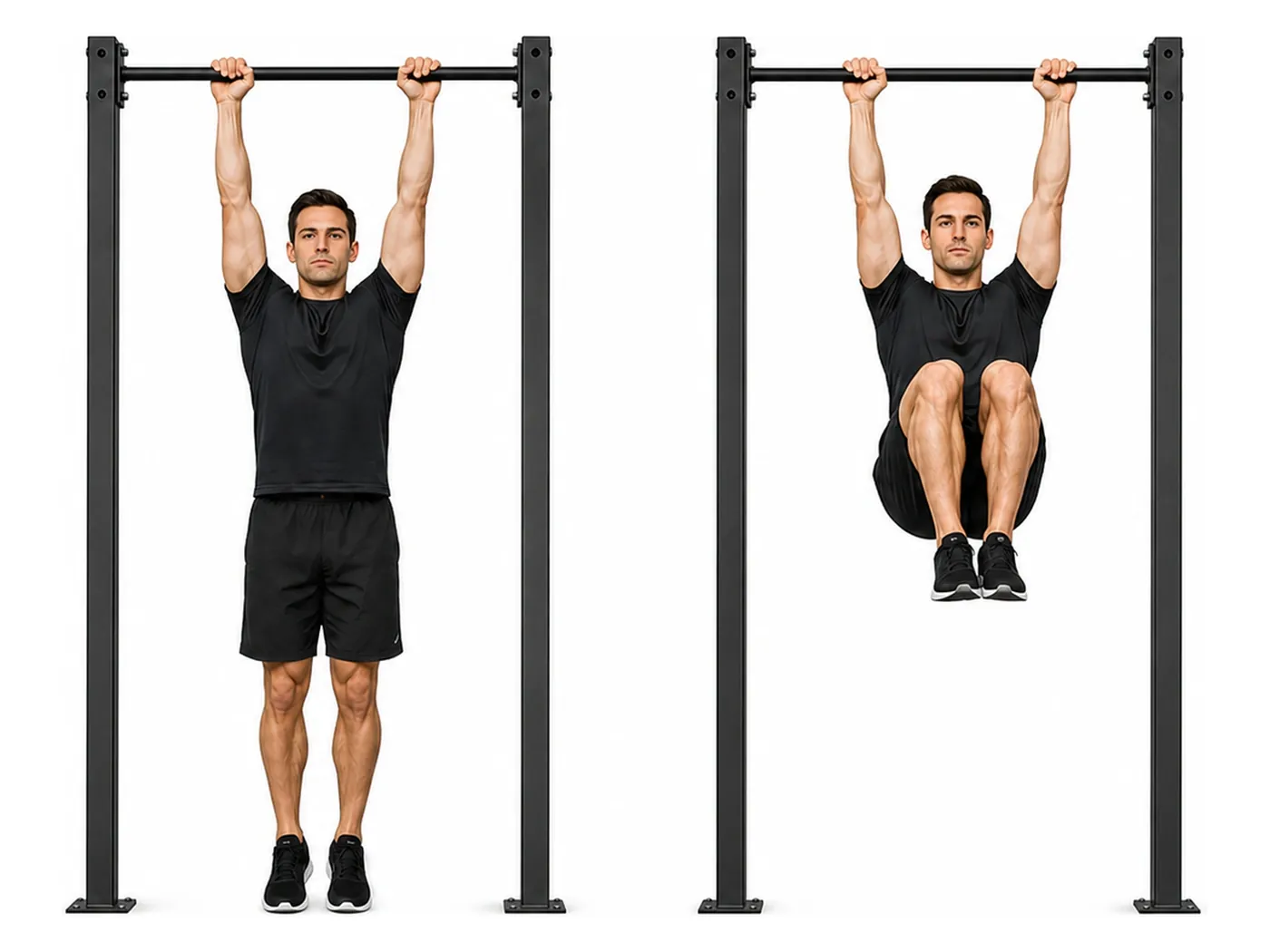 Two-panel demonstration of the hanging knee raise, showing the start and finish positions