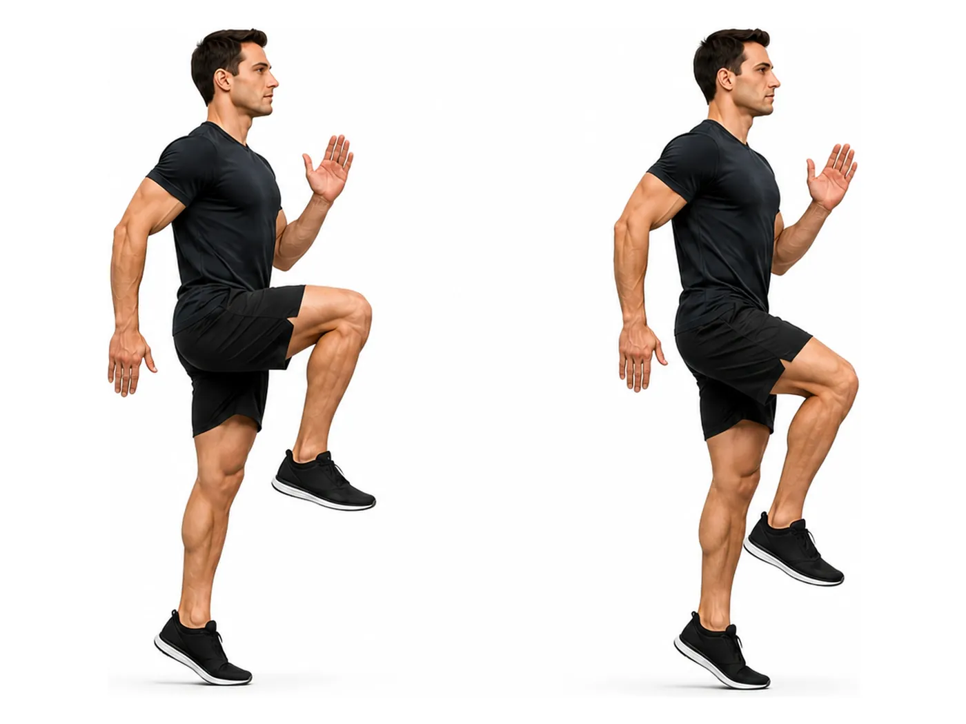Two-panel demonstration of the high knees, showing the start and finish positions