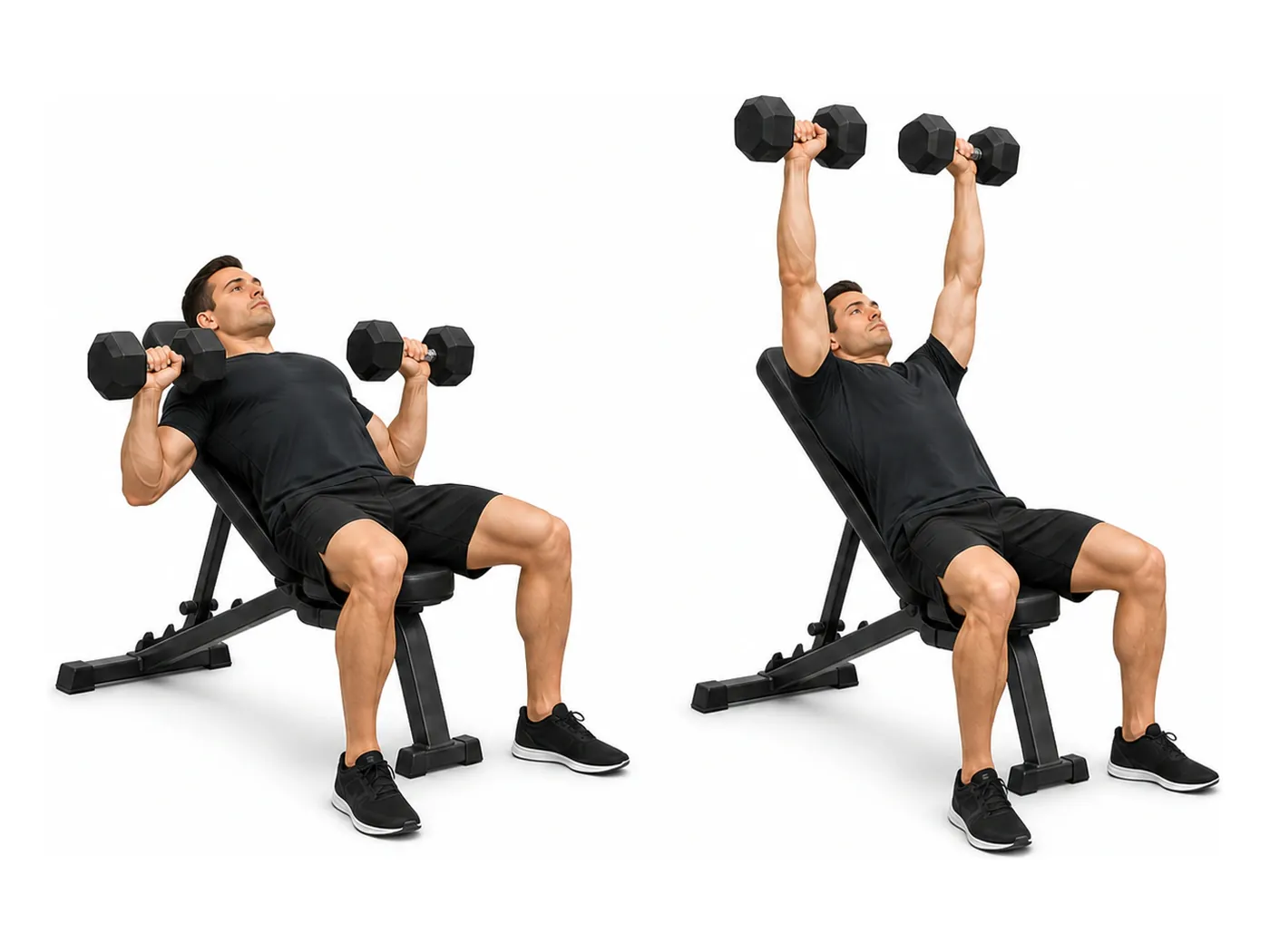 Two-panel demonstration of the incline dumbbell chest press, showing the start and finish positions