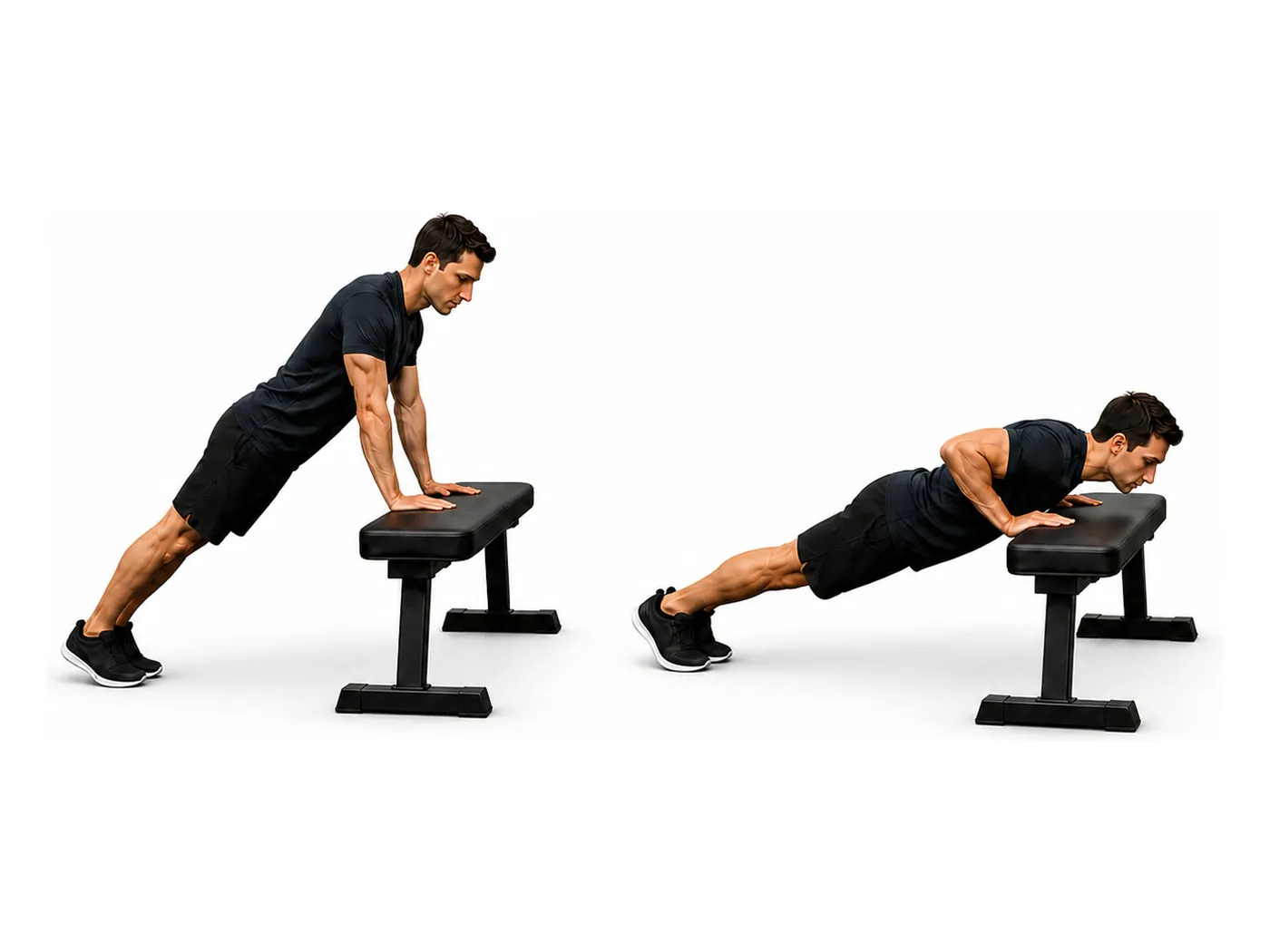 Two-panel demonstration of the incline push-up, showing the start and finish positions